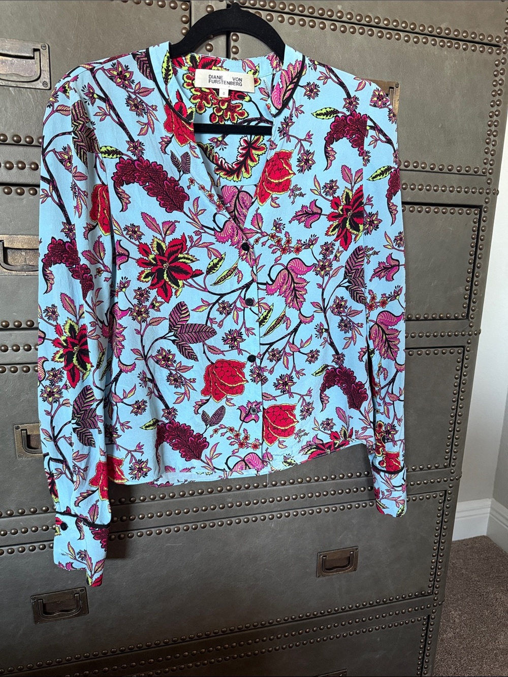 Diane Von Furstenberg Floral Blouse — Light Blue, Red & Neon Yellow